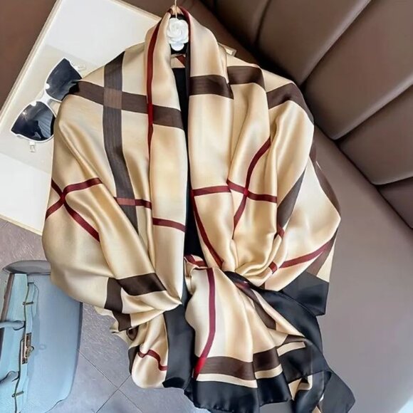 NEW Designer Inspired Luxe Brown Red Mulberry Silk Wrap Scarf Ruana Shawl